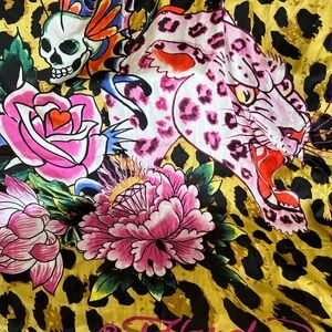 Oversized ED Hardy Leopard & Floral Silk Scarf with Pink Panther Motif